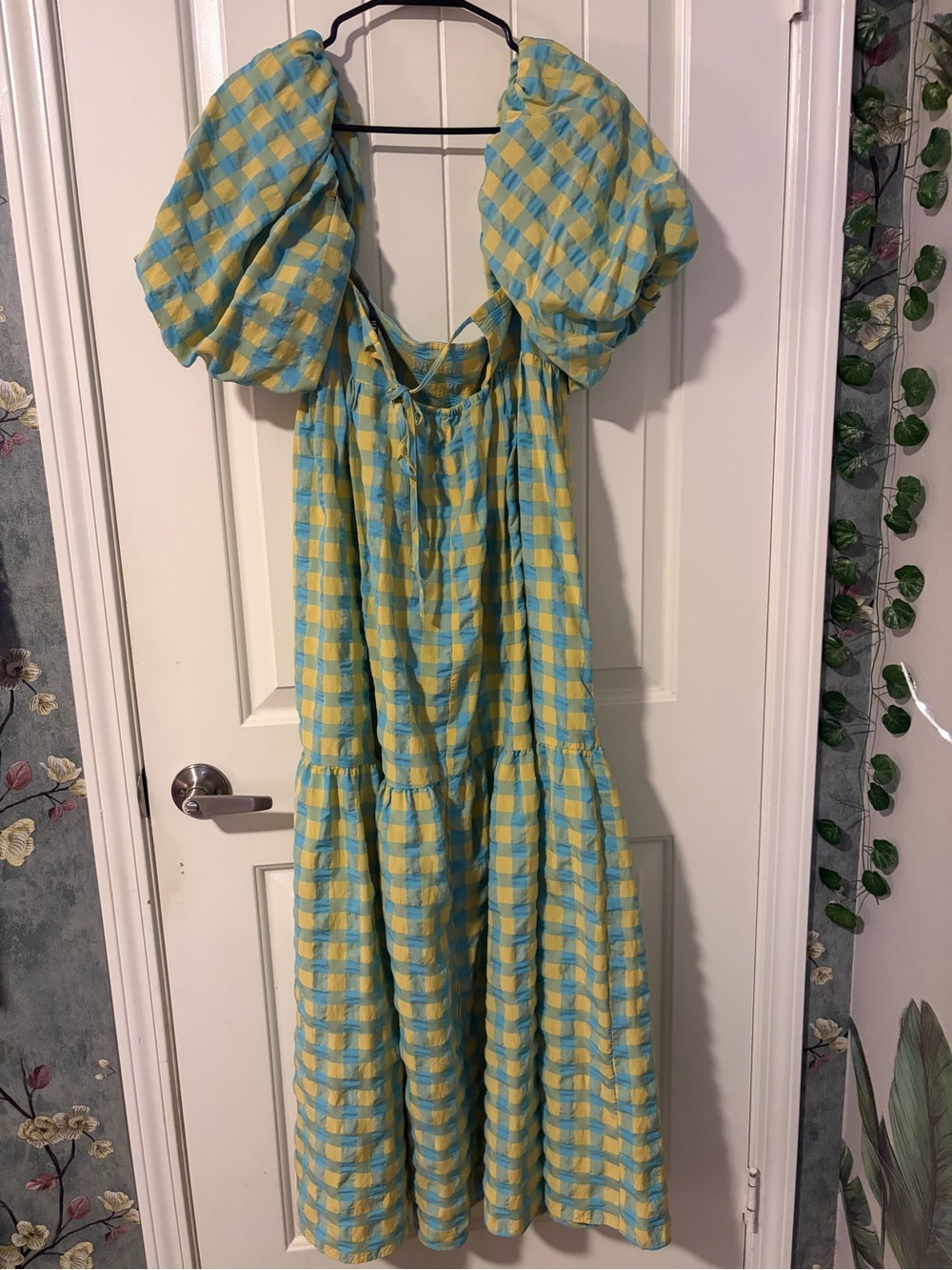 Zara Gingham Checkered Green Yellow Puff-Sleeve Sun Dress L - Picture 6 of 6